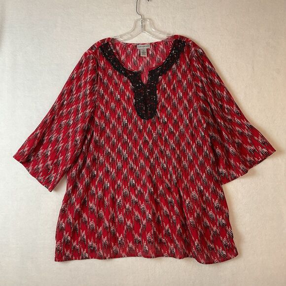 Catherines Tops - Catherines Top Womens 2X 22/24W Blouse Red Black Lace Accent 3/4 Sleeves